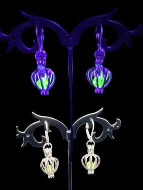 Uranium Glass Silver-Plated Leverback Drop Cage Earrings Salvaged Beads UV React